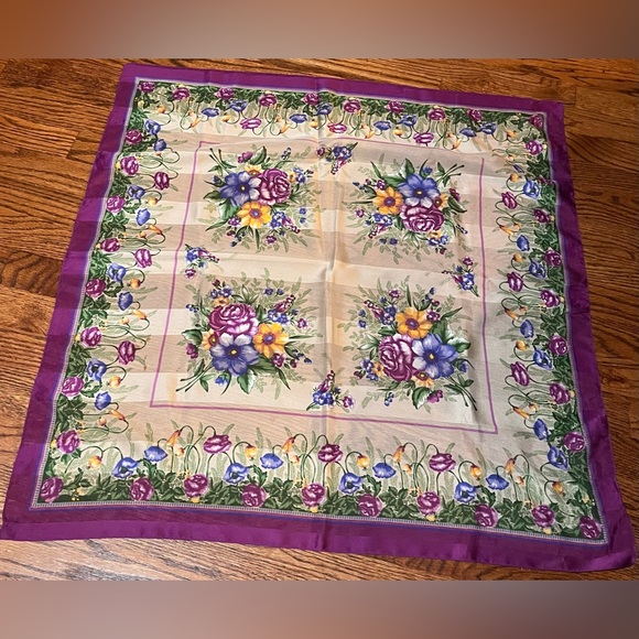 Accessories - Floral Print Square Scarf in Purple, Yellow, Blue